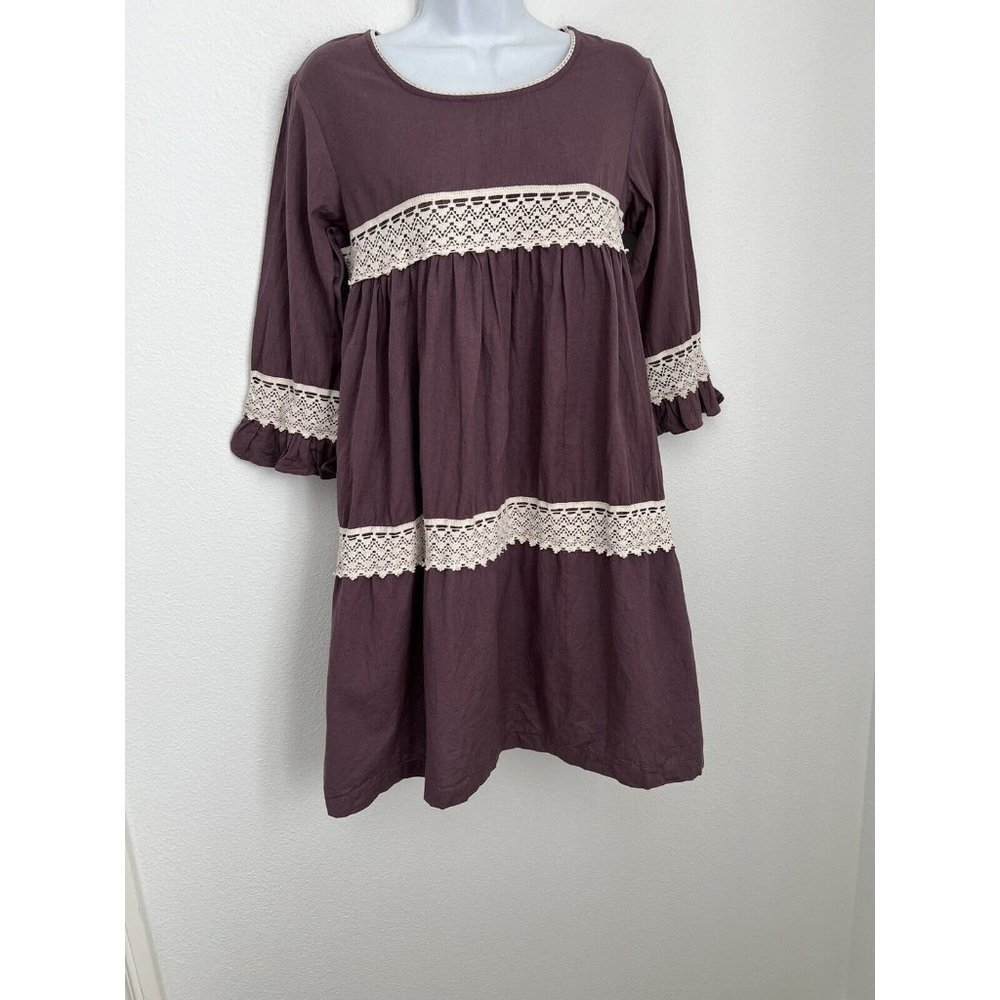 YO BABY Womens Purple 100% COTTON Tunic Dress Crochet Trim Boho Hippie Small Mom